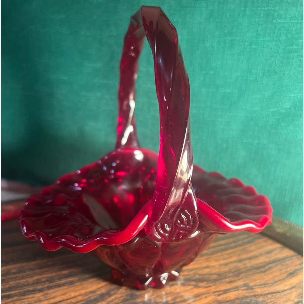 Vtg Fenton Ruby Red paneled Glass Handled Basket Ruffled Edge twisted handle [9]